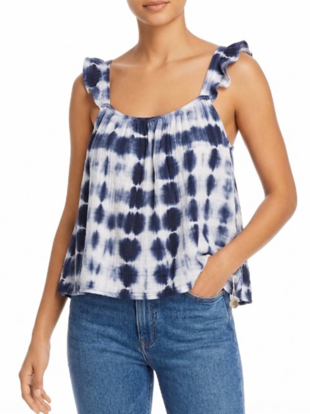 BB Dakota Steve Madden Tie Dye Small Blue White Cotton Ruffle Tank Top NWT